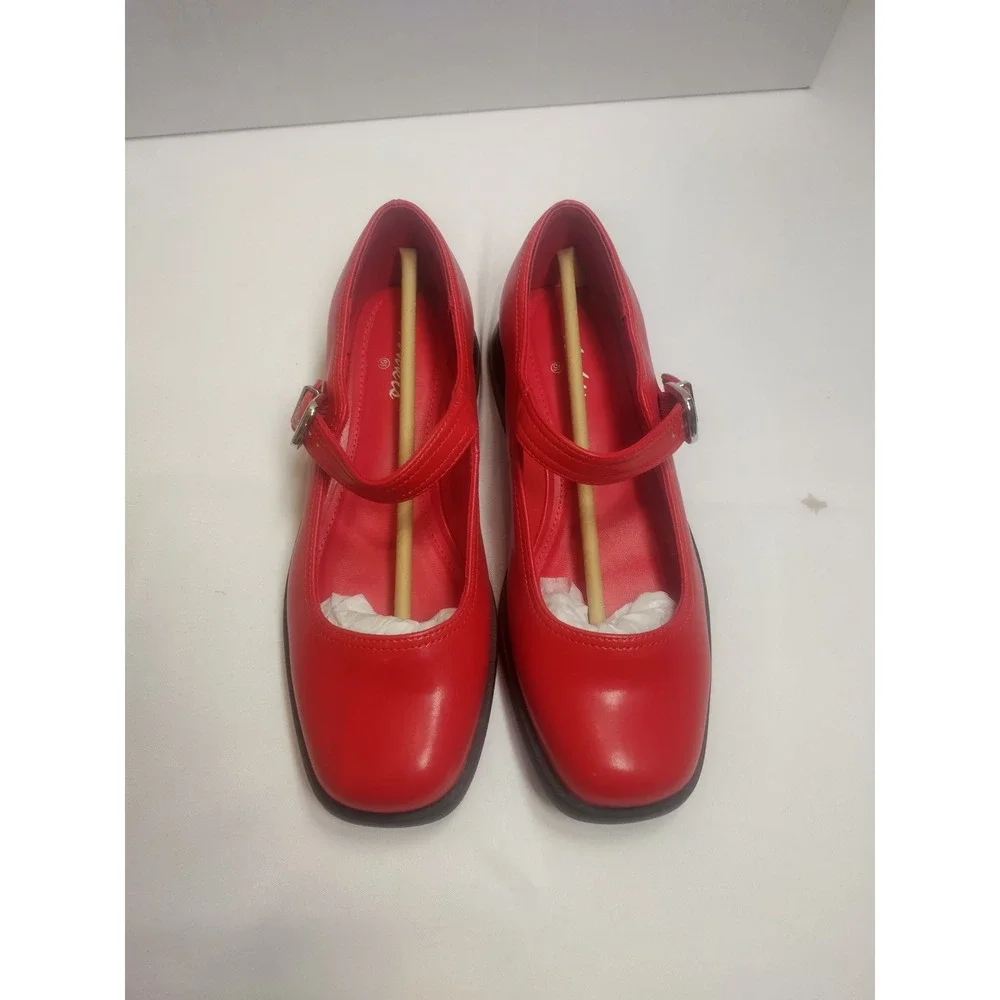 Ankis Red Mary Jane Flats Square Toe Buckle Strap Low Heel Shoes Womens 6.5 - Picture 1 of 7